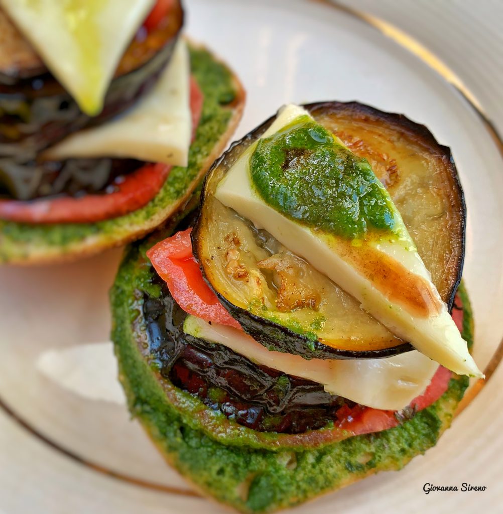 Fried eggplant on a toasted roll